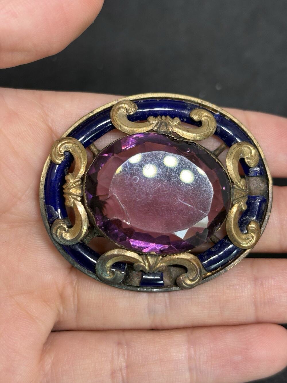 Antique Victorian Gold Filled Blue Enamel Faceted Faux Amethyst Oval Brooch Pin